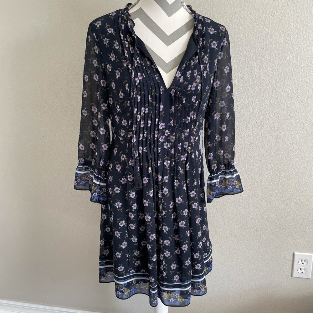 Cece Dark Blue & Floral Pintuck Ditsy Trellis Dress - Picture 2 of 4